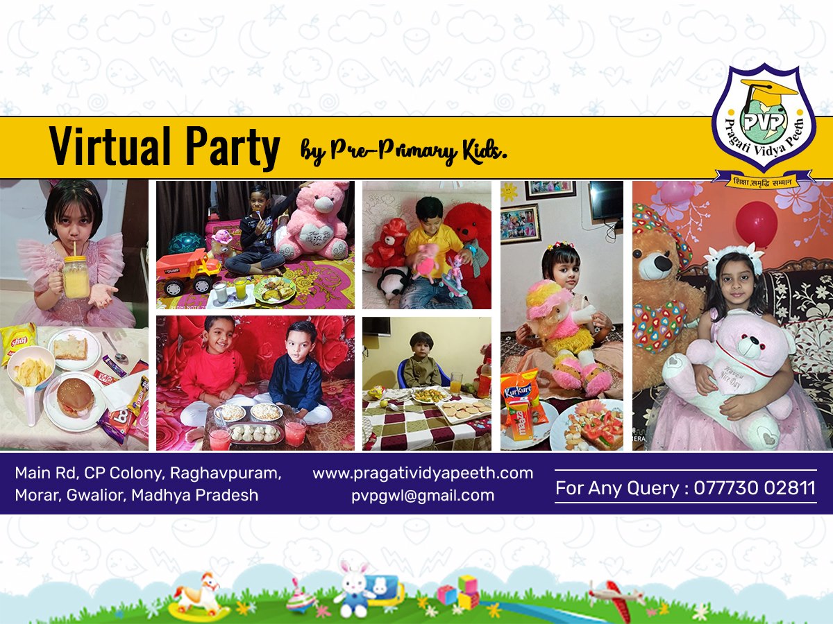 Our lovely students of Pragati Vidya Peeth (Pre-Primary classes), participated in Virtual Party✨.  Such activities boost the happiness quotient of our children and keep them motivated to learn through virtual classes.